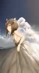  bare_shoulders blush brown_eyes brown_hair cloud condensation_trail day dress headband headgear hews_hack highres jewelry kantai_collection looking_at_viewer ring short_hair sky smile solo taihou_(kantai_collection) wedding_band wedding_dress 