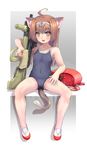  ahoge animal_ears assault_rifle backpack bag breasts brown_hair bullpup cat_ears cat_tail competition_school_swimsuit covered_navel fang full_body gun highres long_hair magazine_(weapon) mao_(6r) no_socks one-piece_swimsuit open_mouth original randoseru rifle school_swimsuit shoes sitting small_breasts smile solo steyr_aug swimsuit tail uwabaki weapon yellow_eyes 