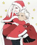  ame_(conronca) archer bad_id bad_pixiv_id cape fate/stay_night fate_(series) hat illyasviel_von_einzbern long_hair pantyhose red_eyes santa_hat white_hair 