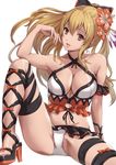  ankle_lace-up arm_support bangs bikini black_bow blonde_hair bow breasts cleavage collarbone criss-cross_halter cross-laced_footwear elbow_on_knee feet finger_to_mouth fingernails flower frilled_bikini frills granblue_fantasy hair_bow hair_flower hair_ornament halter_top halterneck hibiscus high_heels knee_up large_breasts light_smile long_fingernails long_hair looking_at_viewer open_mouth open_toe_shoes orange_bow parted_lips ponytail red_eyes sakiyamama sandals shoes simple_background sitting solo spread_legs swimsuit thighhighs toes vira_lilie white_background white_bikini 