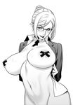  absurdres breasts glasses greyscale hair_bun highres large_breasts lipstick makeup monochrome motchie naughty_face open_clothes prison_school shiraki_meiko short_hair solo tape_on_nipples 