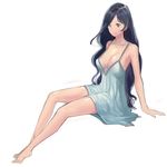  bad_id bad_pixiv_id bare_shoulders barefoot black_hair breasts brown_eyes cleavage full_body hidezi large_breasts long_hair nightgown original simple_background sitting solo very_long_hair white_background 