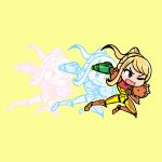  1girl akairiot arm_cannon blonde_hair blue_eyes chibi commentary english_commentary gameplay_mechanics long_hair metroid motion_blur nintendo no_headwear no_helmet ponytail power_armor power_suit samus_aran sidelocks solo tackle varia_suit weapon yellow_background 