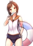  blush brown_hair food highres i-401_(kantai_collection) kantai_collection looking_at_viewer n@ss orange_eyes ponytail popsicle short_hair simple_background solo swimsuit swimsuit_under_clothes twitter_username white_background 