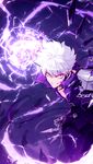  absurdres add_(elsword) bad_id bad_pixiv_id black_pants clenched_hand crazy_eyes elsword energy facial_mark grin highres hwansang jewelry lunatic_psyker_(elsword) male_focus necklace pants purple_eyes purple_shirt shirt smile solo tattoo white_hair 