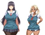  bangs black_hair blunt_bangs breasts colored_eyelashes contrapposto covered_nipples cowboy_shot curvy dark_skin dress_shirt enoshima_iki forehead gyaru half-closed_eyes hands_on_hips huge_breasts kogal large_breasts lips long_hair looking_at_viewer microskirt multiple_girls narrow_waist necktie original pleated_skirt ponytail puffy_short_sleeves puffy_sleeves red_neckwear ribbed_sweater sailor_collar school_uniform shirt short_hair short_sleeves simple_background skirt smile source_request standing sweater sweater_vest thick_eyebrows thick_thighs thighs twintails v-neck very_long_hair white_background white_sailor_collar white_shirt wide_hips 