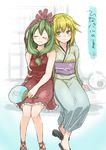  bare_shoulders blonde_hair closed_eyes fan frills geta green_eyes green_hair hair_ribbon japanese_clothes kagiyama_hina kayari_buta kimono mizuhashi_parsee monrooru mosquito_coil multiple_girls paper_fan ribbon sitting touhou uchiwa yukata 