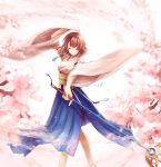  1girl arm_up bangs bare_shoulders blue_hakama breasts brown_hair cherry_blossoms closed_mouth detached_sleeves eyebrows_visible_through_hair eyes_closed final_fantasy final_fantasy_x flower hakama holding holding_staff japanese_clothes jewelry long_sleeves medium_breasts necklace obi pink_flower ribbon-trimmed_sleeves ribbon_trim sasanomesi sash short_hair side_slit smile solo staff wide_sleeves yuna_(ff10) 