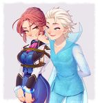  1girl bdsm bondage bound breasts cape cuffs elsa_(frozen) frozen_(disney) genderswap genderswap_(ftm) genderswap_(mtf) hand_on_another's_face hans_(frozen) ice kiri_futoshi large_breasts red_hair rope silver_hair 