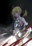  ahoge armor armored_dress artoria_pendragon_(all) bare_shoulders blonde_hair breastplate detached_sleeves dingdang dress fate/stay_night fate/unlimited_codes fate_(series) green_eyes ponytail saber saber_lily solo 