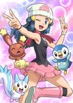  armpits ass beanie blue_eyes blue_hair boots buneary double_v gen_4_pokemon hat hikari_(pokemon) long_hair one_eye_closed pachirisu piplup pokemoa pokemon pokemon_(anime) pokemon_(creature) scarf skirt smile v 