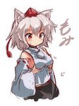  animal_ears blush breast_hold breasts detached_sleeves grabbing hat inubashiri_momiji no_bra pom_pom_(clothes) red_eyes ryogo short_hair silver_hair simple_background sketch small_breasts solo sweat tokin_hat touhou white_background wolf_ears 