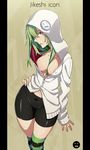  bike_shorts borrowed_character breasts cameltoe cleavage green_eyes green_hair hand_on_hip highres hood hoodie kamezaemon large_breasts navel no_bra original solo standing striped striped_legwear thighhighs 