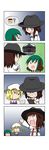  ... 3girls 4koma :d ? absurdres animal_ears arm_up blonde_hair braid brown_hair chibi comic flying_sweatdrops gradient gradient_background green_hair hat highres house kasodani_kyouko maribel_hearn mob_cap multiple_girls o_o open_mouth rakugaki-biyori silent_comic single_braid slit_pupils smile solid_oval_eyes spoken_ellipsis spoken_object spoken_question_mark sweat sweatdrop sweating_profusely touhou usami_renko 