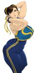  1girl ass bracelet breasts brown_eyes brown_hair butt_crack chun-li colored curvy double_bun female highres huge_ass huge_breasts jewelry large_breasts lips orushibu plump simple_background skin_tight solo street_fighter thick thick_thighs thighs transparent_background white_background wide_hips 