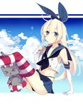  &gt;_&lt; arm_support bad_id bad_pixiv_id black_panties blonde_hair blue_eyes closed_eyes cloud crop_top crop_top_overhang day elbow_gloves food gloves hairband highleg highleg_panties ice_cream kantai_collection lifebuoy long_hair miniskirt panties rensouhou-chan school_uniform serafuku shimakaze_(kantai_collection) sitting skirt sparkle striped striped_legwear thighhighs underwear white_gloves yamori_shiki 