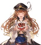  1girl bare_shoulders chocolate eyes_closed feathers granblue_fantasy hat lecia_(granblue_fantasy) minaba_hideo official_art open_mouth orange_hair pleated_skirt skirt wide_sleeves 