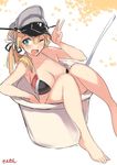  ;d artist_name bare_legs bikini blonde_hair breasts cleavage cup flower green_eyes hair_flower hair_ornament hair_ribbon hat huge_breasts in_container in_cup jpeg_artifacts kantai_collection long_hair one_eye_closed open_mouth peaked_cap prinz_eugen_(kantai_collection) ribbon sensen smile solo swimsuit twintails 