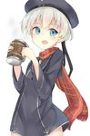  :d beer_mug blue_eyes cup dress hat holding holding_cup kantai_collection long_sleeves looking_at_viewer monobe_tsukuri open_mouth out-of-frame_censoring scarf school_uniform serafuku short_dress silver_hair smile solo z1_leberecht_maass_(kantai_collection) 
