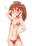  bikini blush breasts brown_eyes brown_hair hand_on_hip hat highres kantai_collection looking_at_viewer n@ss ryuujou_(kantai_collection) short_hair side-tie_bikini simple_background small_breasts smile solo swimsuit twintails twitter_username white_background 