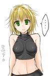  1girl bare_shoulders blonde_hair blush brown_eyes green_hair mizuhashi_parsee monrooru short_hair sketch sleeveless sleeveless_turtleneck solo spoken_ellipsis touhou turtleneck wavy_mouth white_background 