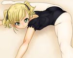  ass blonde_hair blush flexible green_eyes hair_ornament leotard lying nurugamer-kouyouju on_floor on_stomach original pantyhose smile solo split twintails white_legwear 