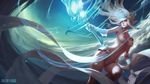  1girl artist_request blonde_hair blue_eyes breasts elf elf_ears gloves hair_ornament janna_windforce league_of_legends legs long_hair nipples nude nude_filter offical_art official_art pointy_ears pussy sky uncensored weapon wind 