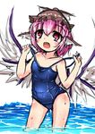  adjusting_clothes adjusting_swimsuit blush earrings hat jewelry karasuma_amiru mystia_lorelei one-piece_swimsuit open_mouth pink_eyes pink_hair school_swimsuit shiny simple_background solo swimsuit touhou water wet wings 