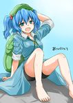  1girl :d absurdres arm_behind_head backpack bag barefoot bike_shorts blue_eyes blue_hair hair_ornament hat highres kawashiro_nitori key looking_at_viewer monrooru open_mouth shirt sitting skirt smile solo sweat touhou translated twintails two_side_up 