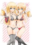  2girls :q adapted_costume alcohol anchor_hair_ornament beer bikini bismarck_(kantai_collection) blonde_hair blue_eyes breast_press breasts cleavage diagonal_stripes elbow_gloves geckolion gloves hair_ornament heart iron_cross kantai_collection large_breasts long_hair multiple_girls navel no_hat no_headwear open_mouth over-kneehighs print_bikini prinz_eugen_(kantai_collection) side-tie_bikini striped striped_background swimsuit thighhighs tongue tongue_out twintails vertical-striped_bikini vertical_stripes 