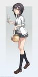  2015 artist_name astg bad_id bad_twitter_id bangs black_hair cup full_body grey_skirt gym_shirt hair_between_eyes hayasui_(kantai_collection) holding jacket kantai_collection kneehighs loafers long_sleeves microskirt open_clothes open_jacket pleated_skirt shirt shoes short_hair silver_eyes skirt sleeves_pushed_up solo teapot track_jacket walking watermark web_address white_shirt 