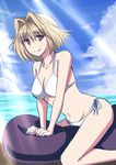  arcueid_brunestud bikini blonde_hair blue_sky breasts cleavage cloud cloudy_sky day feet_out_of_frame hair_intakes innertube light_rays medium_breasts navel no_nose ocean red_eyes short_hair side-tie_bikini sky smile solo straddling swimsuit tsukihime urako white_bikini 