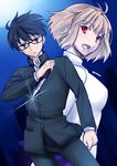  1girl antenna_hair arcueid_brunestud black_hair blonde_hair blue_eyes full_moon gakuran jewelry knife moon necklace red_eyes reverse_grip school_uniform short_hair solo_focus toono_shiki tsukihime urako 