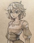  ajna_(indivisible) commentary eu03 eyebrows hair_ornament indivisible looking_at_viewer monochrome outline puffy_short_sleeves puffy_sleeves sash sepia short_hair short_sleeves sketch solo spiked_hair upper_body 