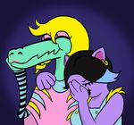  anthro black_hair blonde_hair bratty_(undertale) breasts cat catty_(undertale) clothing crocodile duo ear_piercing eyes_closed facepalm feline female ficficponyfic fur hair laugh lipstick mammal multicolored_hair piercing pink_eyes purple_fur reaction_image reptile scalie smile two_tone_hair undertale 