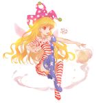  @_@ alternate_legwear american_flag_dress american_flag_legwear bad_id bad_twitter_id blonde_hair catchphrase clownpiece english fairy_wings full_body hajin hat jester_cap long_hair looking_at_viewer moon open_mouth outstretched_arm print_legwear red_eyes short_sleeves simple_background smile solo star striped striped_legwear text_focus thighhighs touhou white_background wings 