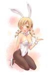  animal_ears blonde_hair bow bowtie breasts bunny_ears bunny_tail bunnysuit cleavage detached_collar detached_sleeves drill_hair long_hair mahou_shoujo_madoka_magica medium_breasts one_eye_closed pantyhose po_ni solo tail tomoe_mami twin_drills twintails wrist_cuffs yellow_eyes 