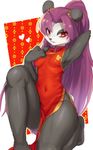  &lt;3 1girl armpits artist_request bear breasts chinese_clothes chinese_dress clothing copyright_request dress female furry hair hand_behind_head hand_on_breast ksyaro long_hair looking_at_viewer mammal navel open_mouth panda ponytail purple_hair red_eyes simple_background small_breasts solo thick_thighs 
