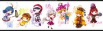  american_flag_dress animal_ears ball_and_chain blonde_hair blue_eyes blue_hair bunny_ears bunny_tail character_name chibi clothes_writing clownpiece copyright_name doremy_sweet dress flat_cap floppy_ears hat hecatia_lapislazuli highres ichi_ran jester_cap junko_(touhou) kine kishin_sagume legacy_of_lunatic_kingdom long_hair mallet multicolored multicolored_clothes multicolored_skirt multiple_girls nightcap orange_shirt polos_crown red_eyes red_hair ringo_(touhou) seiran_(touhou) shirt short_hair shorts silver_hair single_wing skirt tail tapir_tail torch touhou wings 