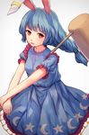  animal_ears blue_dress blue_hair braid bunny_ears dress highres kine looking_at_viewer mallet open_mouth puffy_short_sleeves puffy_sleeves red_eyes seiran_(touhou) shone short_sleeves smile solo touhou 
