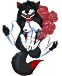  anthro ball_gag black_fur black_hair bottomless breasts canine clothed clothing collar felicity_longis_(character) female fox fur gag green_eyes hair hands_behind_back hourglass_figure lying mammal on_back piercing pussy red_fur simple_background solo songgolshtar whiskers white_background white_fur 