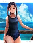  artist_name bad_id bad_pixiv_id black_hair blue_swimsuit braid breasts len long_hair looking_at_viewer melty_blood ocean one-piece_swimsuit railing red_eyes school_swimsuit sidelocks single_braid small_breasts solo swimsuit tsukihime turupe 