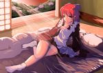  apron bow come_hither daizumi futon hair_bow kohaku maid maid_apron maid_headdress pillow reclining red_hair short_hair smile socks solo sunset tabi tsukihime yellow_eyes 