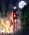  ahoge arms_behind_head arms_up bathing blush boiling breasts commentary fiery_tail fire full_moon highres large_breasts long_hair looking_at_viewer monorus monster_girl monster_girl_encyclopedia monster_girl_saga moon multiple_moons nature navel night night_sky nipples nude outdoors parted_lips red_hair red_moon salamander_(monster_girl_encyclopedia) scales sky slit_pupils solo steam sword tail tree very_long_hair wading weapon wet yellow_eyes 