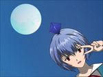  angel_(evangelion) ayanami_rei blue_hair bow bowtie full_moon looking_at_viewer moon neon_genesis_evangelion night night_sky open_mouth ramiel red_eyes school_uniform short_hair sky solo todo_(masa3373) v v_over_eye 