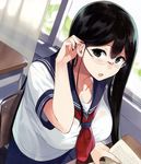  1girl adjusting_hair artist_request black_eyes black_hair blush breasts cleavage female glasses large_breasts long_hair looking_at_viewer open_mouth sasamori_tomoe see-through sitting smile solo 