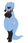  2015 abstract_background anthro bandanna big_breasts black_fur blue_fur breasts dewwydarts digitigrade female fur may may_(riolu) nintendo nude pok&eacute;mon purple_eyes riolu simple_background smile solo standing thick_thighs video_games wide_hips 