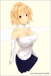  antenna_hair aosora_aoi arcueid_brunestud bad_id bad_pixiv_id blonde_hair breasts cleavage collarbone impossible_clothes impossible_sweater large_breasts no_bra page_tear red_eyes revealing_cutout short_hair skirt smile solo sweater taut_clothes tearing_paper tsukihime turtleneck watermark web_address white_background 