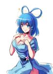  blue_eyes blue_hair breasts cleavage collarbone flower hair_ornament hair_rings hair_stick hands_on_own_chest highres kaku_seiga koissa large_breasts looking_at_viewer short_hair short_sleeves simple_background sketch smile solo touhou white_background 
