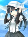  arm_warmers asashio_(kantai_collection) bangs black_hair blue_eyes blue_sky breasts cloud collared_shirt commentary_request day dress_shirt eyebrows_visible_through_hair hair_between_eyes hanazome_dotera hands_on_headwear hat jewelry kantai_collection long_hair looking_at_viewer ocean outdoors pleated_skirt ring school_uniform shirt short_sleeves skirt sky small_breasts smile solo sun_hat suspenders water wedding_band 